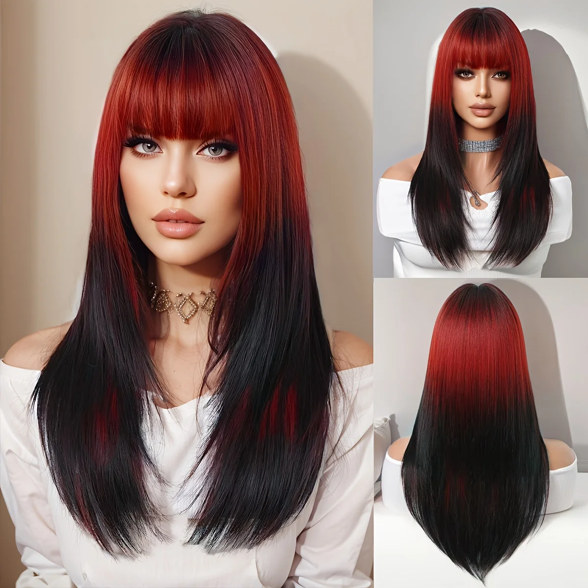 Gradient from black to red, layered curly design, high-quality synthetic fiber, comfortable rose net cap