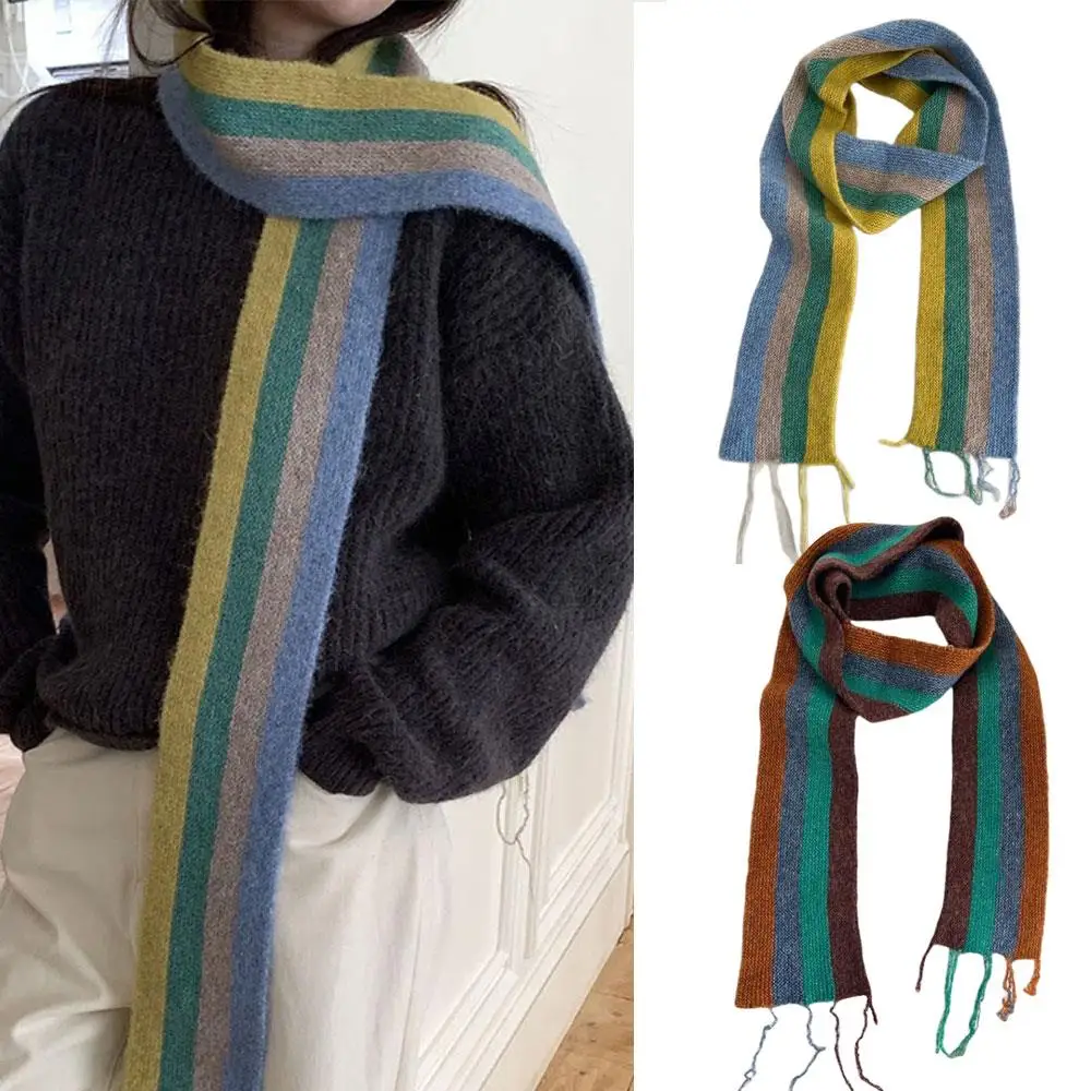 

170 см женский зимний шарф, толстый теплый шерстяной шарф, узкий полосатый цветной шейный платок, женские радужные волосатые шарфы с кисточками, новый дизайн