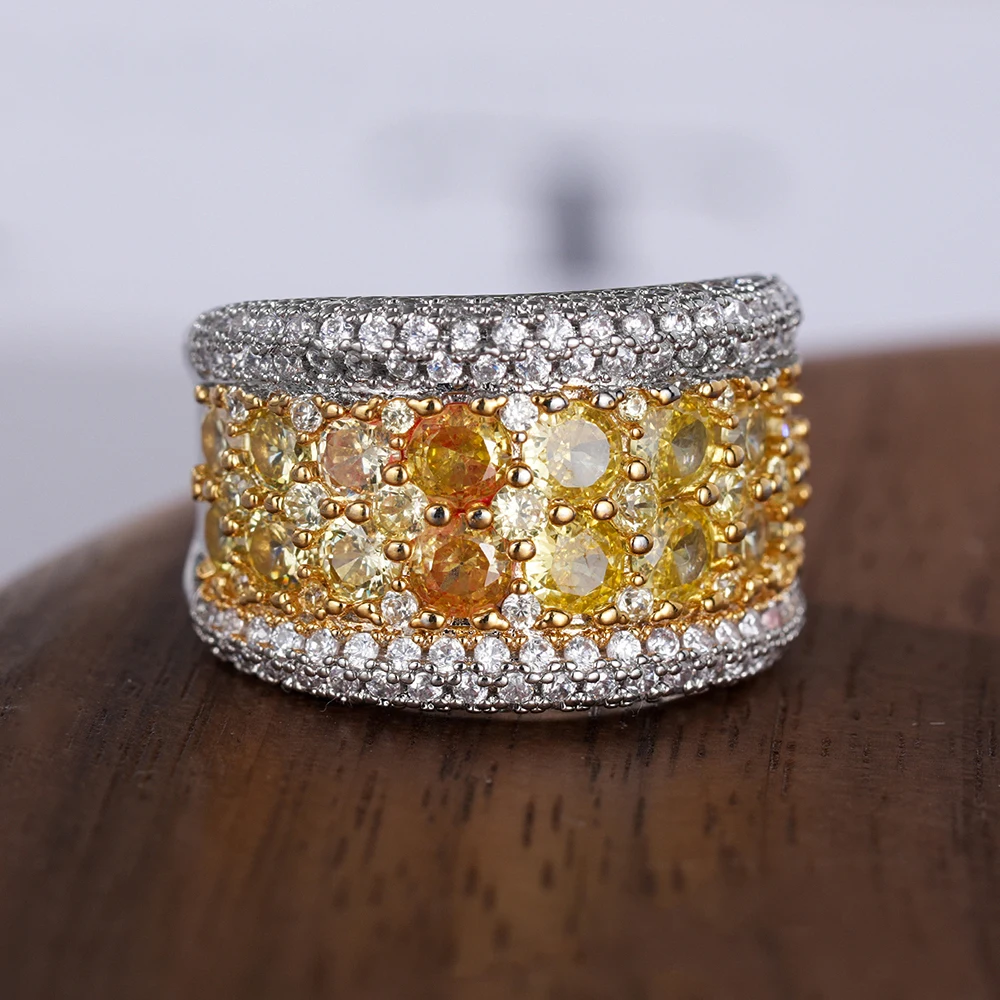 Huitan Damen-Ring in zwei Farben, schlichter Stil, eingelegt mit glänzendem gelbem Zirkonia, modisch, für Hochzeit, Party, vielseitiges Zubehör, Schmuck – Detail 7