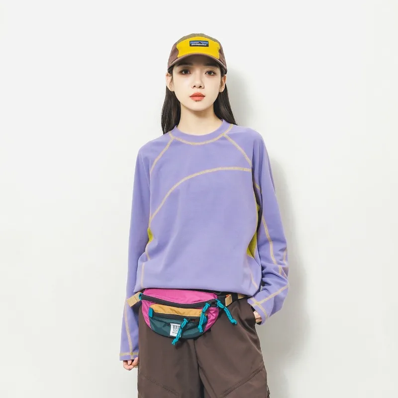 Camiseta unisex de manga larga con bloques de color para exteriores, capa base elástica para senderismo, ciclismo, trekking, deportes casuales, tallas S a 3XL