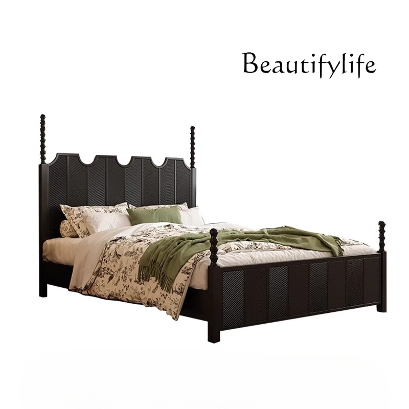 

French retro style solid wood bed black American light luxury carved bedroom comfortable designer fashion
