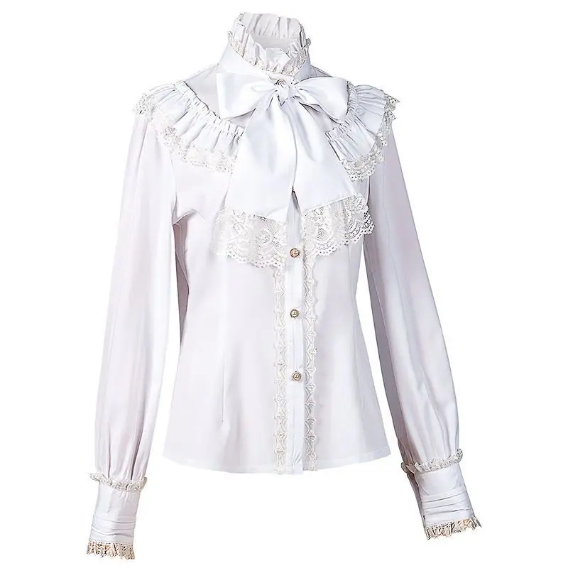 2026 Summer Women's Lolita Blouse Shirt  High Neck Ruffle Lace Bow Tie Lantern Sleeve Elegant Party Top Clothing view 4