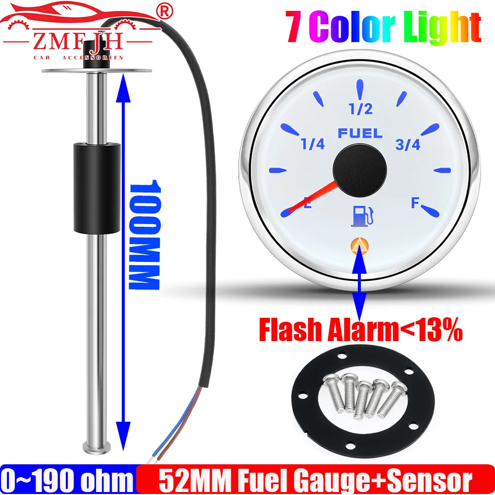 

ZMFJH Universal Car Boat 52MM Fuel Level Gauge with Warning 7 Color Light 0-190 ohm Fuel Level Sensor 100-550MM Custom Optional