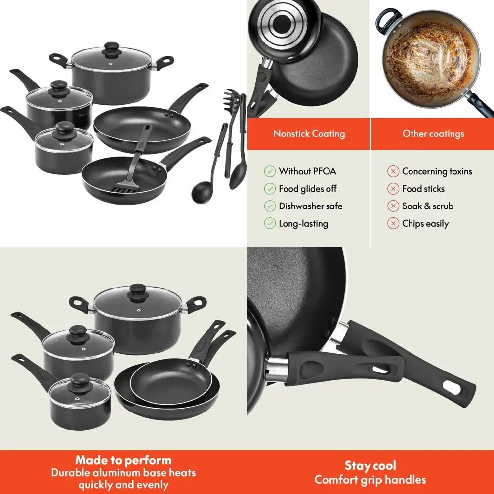 

cookware set, 12 piece pots and pans with utensils, nonstick pfoa free scratch resistant cooking surface compatible with all st