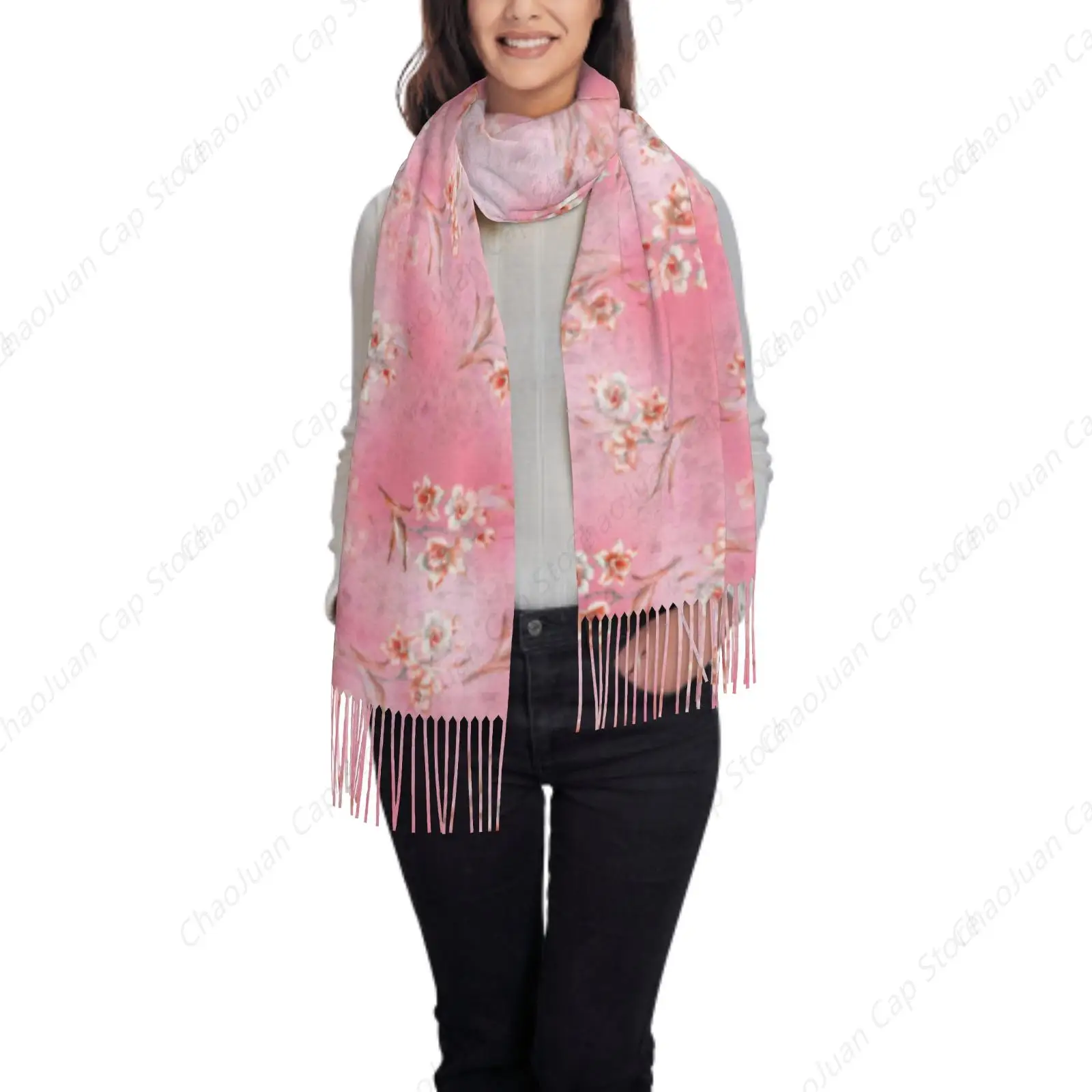 

Розовый кашемировый зимний шарф с цветочным принтом и элегантным принтом, модное мягкое теплое женское одеяло, шаль