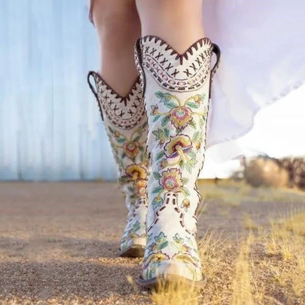 Vintage Flower Rivet Knee-High Boots Embroidered Thick Heels Pointed Long Botines Soft Leather Slip-On Women's Botas Femininas