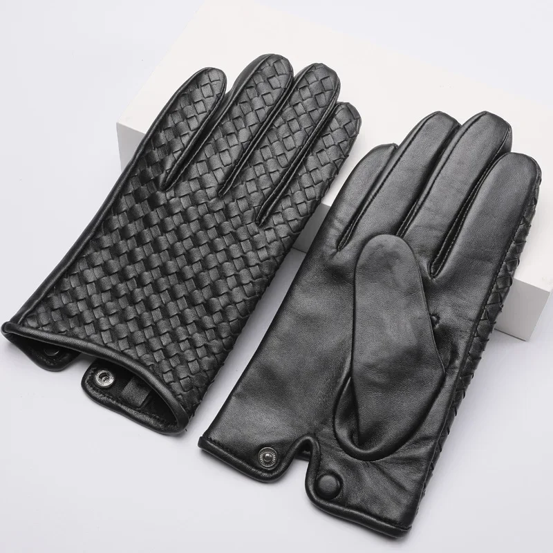 Autumn and Winter Men 100% Genuine Leather Short Gloves Riding Touch Screen Head Layer Sheepskin Handsome Full Finger Gloves