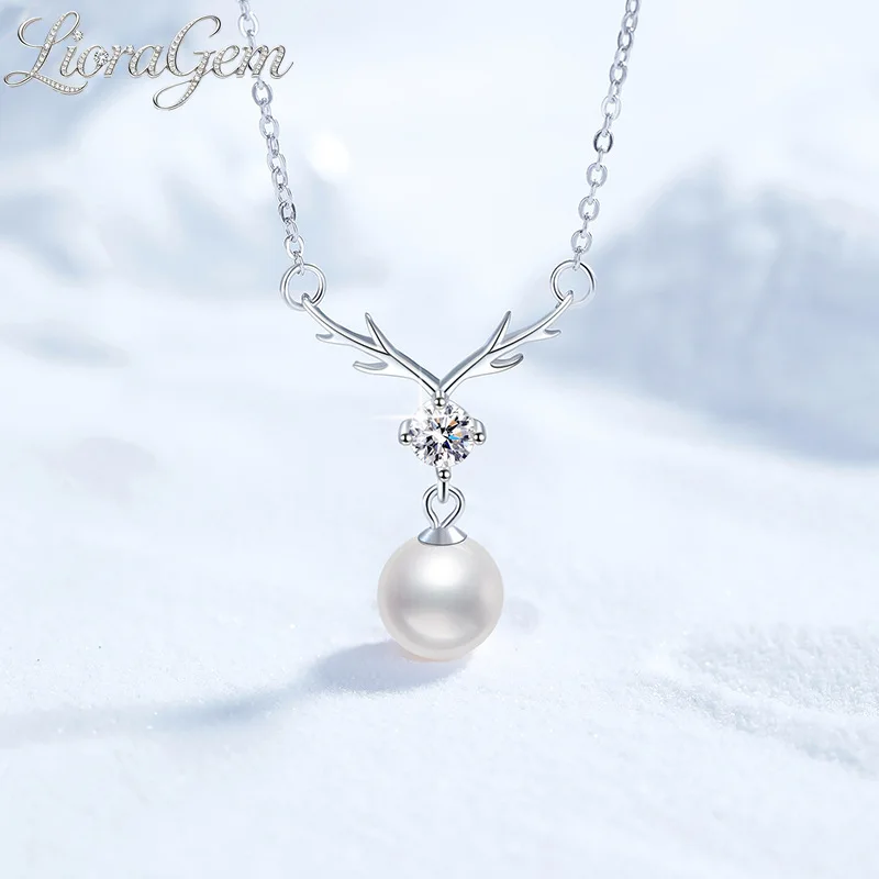 LioraGem Platinum PT950 Women's Moissanite Necklace with Freshwater Pearls, 'Always With You' Deer Antler Pendant Christmas Gift