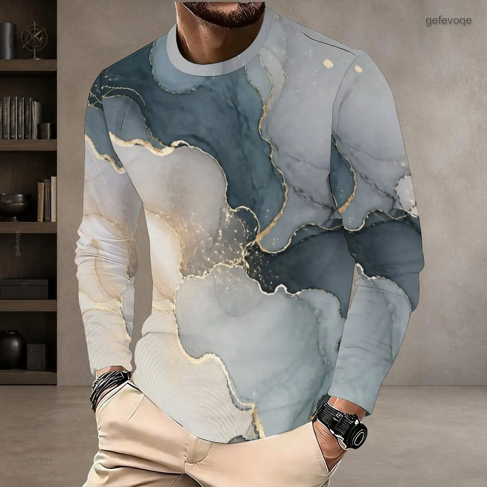 Printed T Shirt for Men Round Neck Long Sleeve Pullover Straight Hem