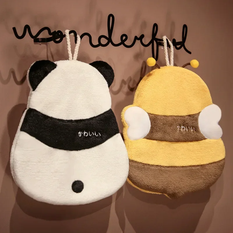 Cartoon Panda Bee Shaped Hand Towels Thickened Soft Coral Velvet Super Absorbent Cute Handkerchief Kitchen Hanging Terry Towel