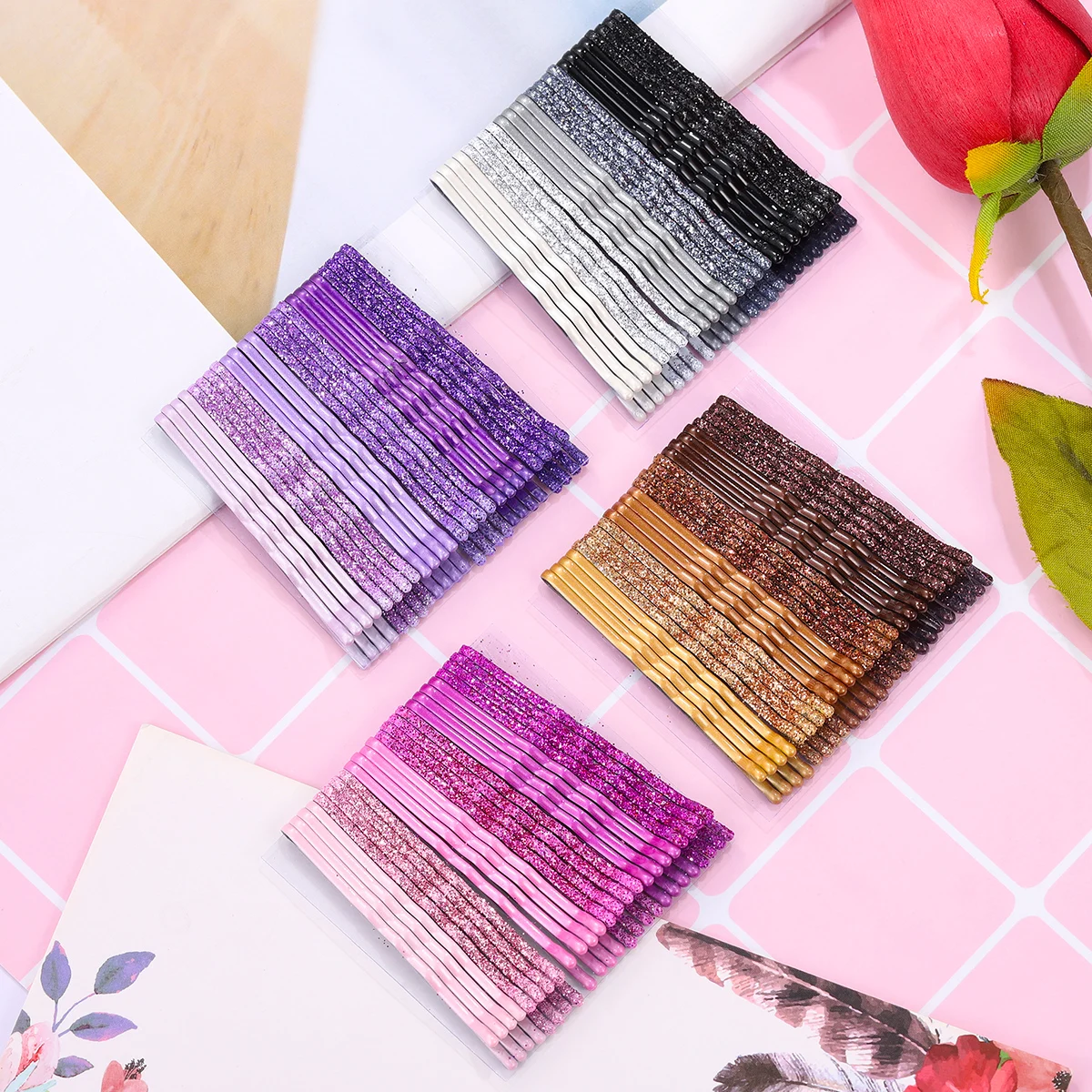 

96pcs Glitter Powder Bobby Hair Clips Sparkly Iridescent Metal Reusable Firm Hold Travel Friendly Stylish Women
