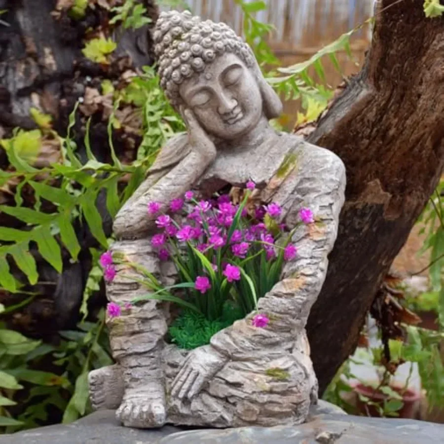 Outdoor Sleeping Buddha Statue Planter for garden decor, made of weather-resistant resin, matte bronze finish, lightweight yet