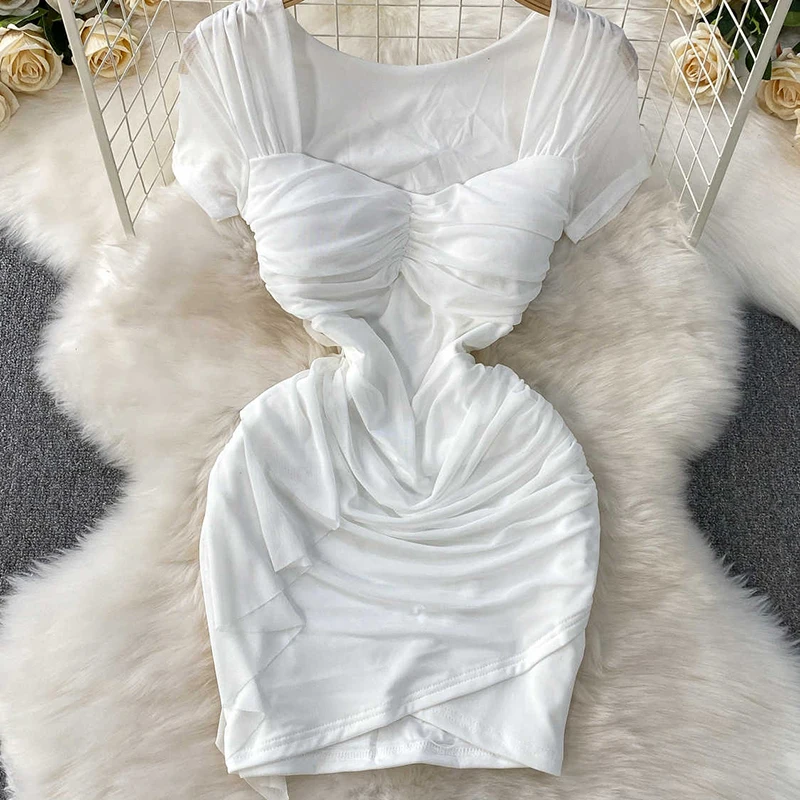 Französisch Stil Unregelmäßigkeit Kleid Für Frauen Sommer Sexy Quadrat Kragen Kurzarm Dünne Wrap Hüften Tüll Splice Mini Kleider