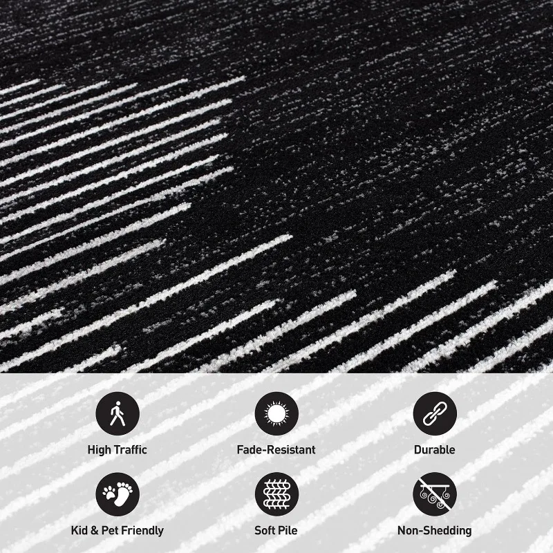 Богемный полосатый устойчивый к пятнам ковер с высоким движением для гостиной, кухни, спальни, столовой, домашнего офиса, коврик для бегуна 2 фута 7 x 8 футов, черный