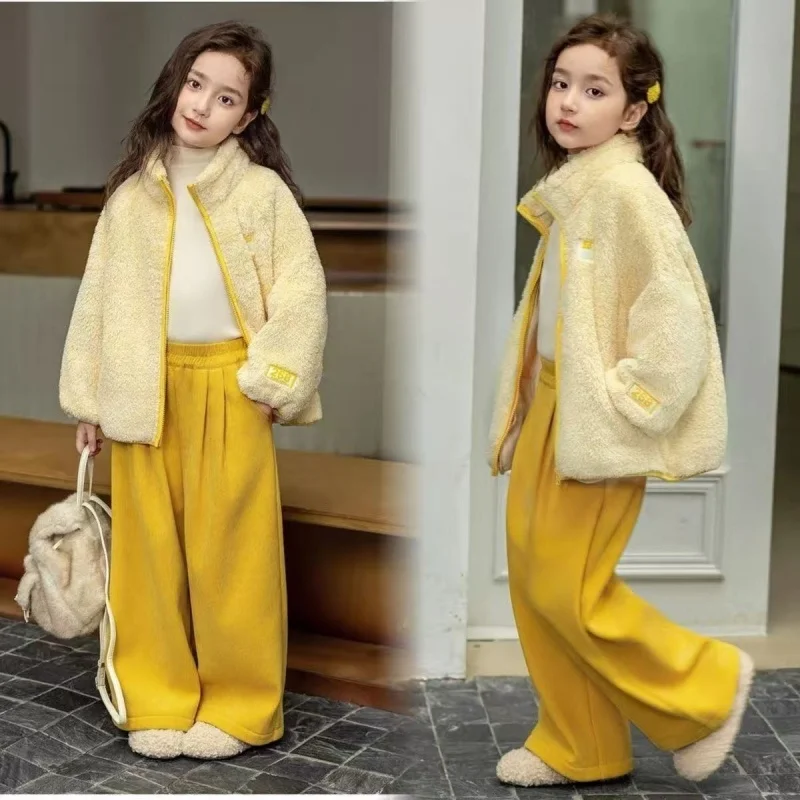 

Girls' Autumn and Winter Set New Lamb Wool Fleece Warm Jacket Long Pants Children's Fashionable and Versatile Two-piece Set