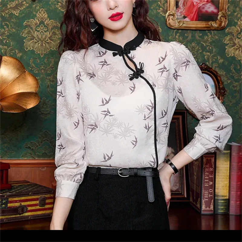 

Chinese Blouses Women Shirts High-end Chiffon Shirt Retro Buttons Pullover Diagonal Access Control Line Print Shirt Female Blous