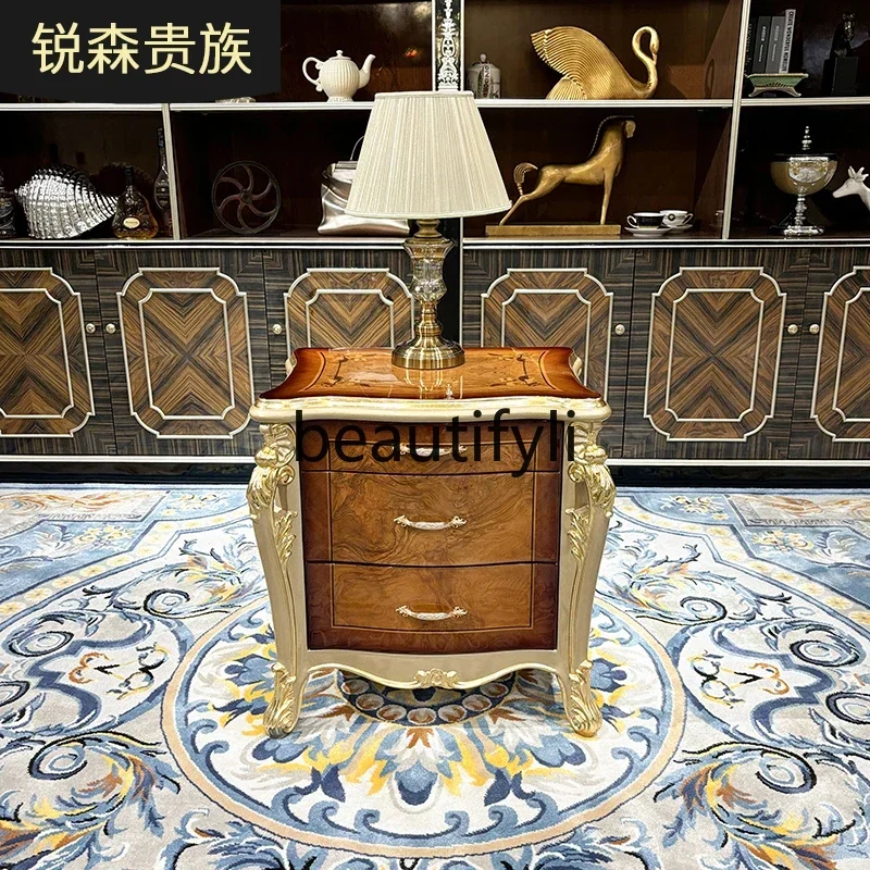 

Cy56 French solid wood bedside table, European luxury neoclassical bedroom double drawer storage cabinet