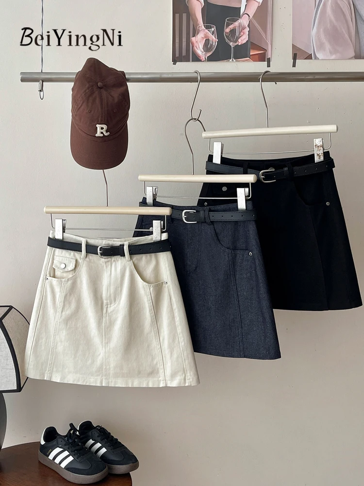 

Модная летняя женская джинсовая юбка Beiyingni с поясом, винтажная, в корейском стиле, короткая, А-силуэта, однотонная, уличная мода