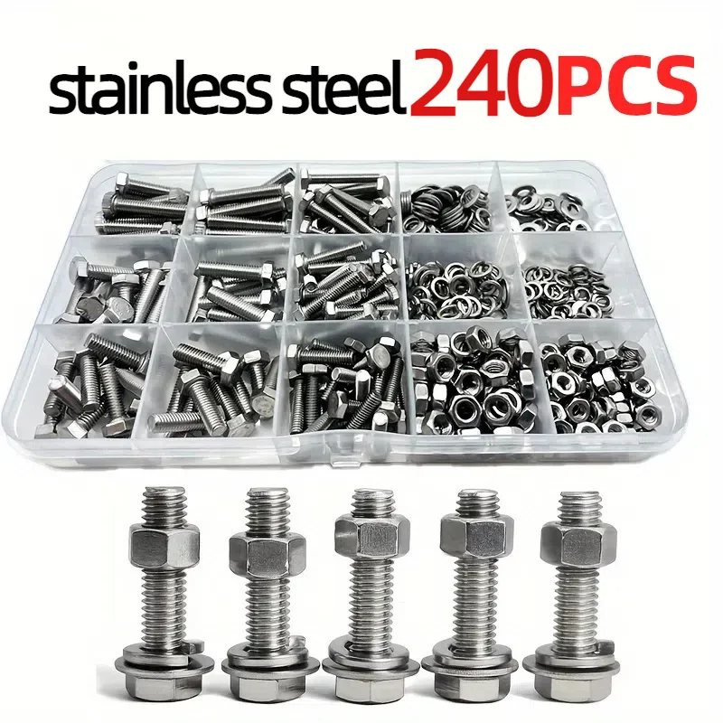 240PCS Premium Stainless Steel Hex Bolt & Nut Set - Durable, Corrosion-Resistant Kit with M4 M5 Hex Nuts, Washers, Full Thread f