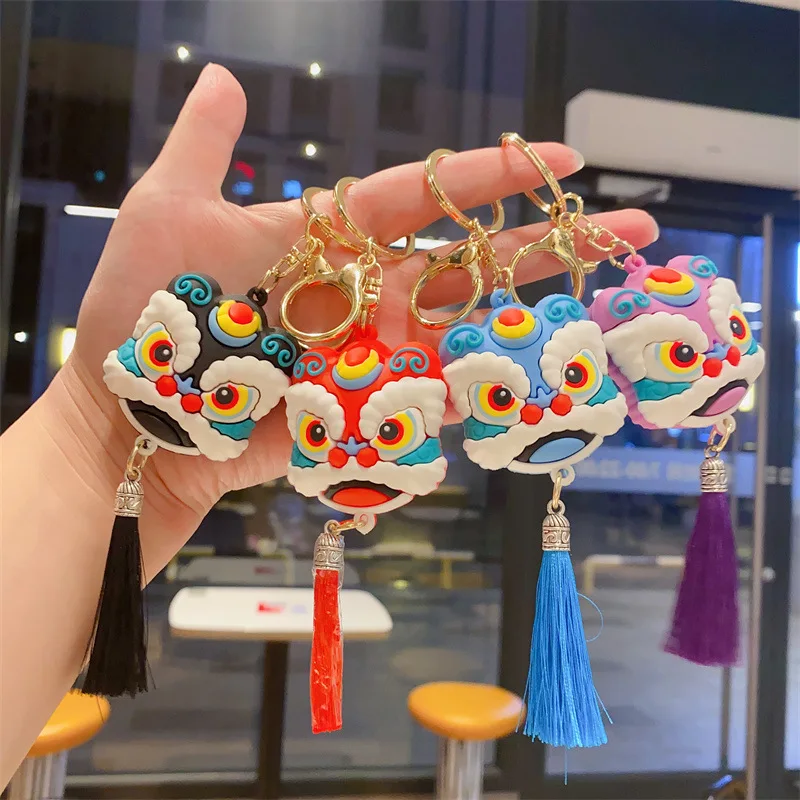 Creative Silicone Lion Dance Keychains Pendant Fashion Simple Chinese Style Lion Dance Tassel Key Chain Party Gift Bag Key Ring