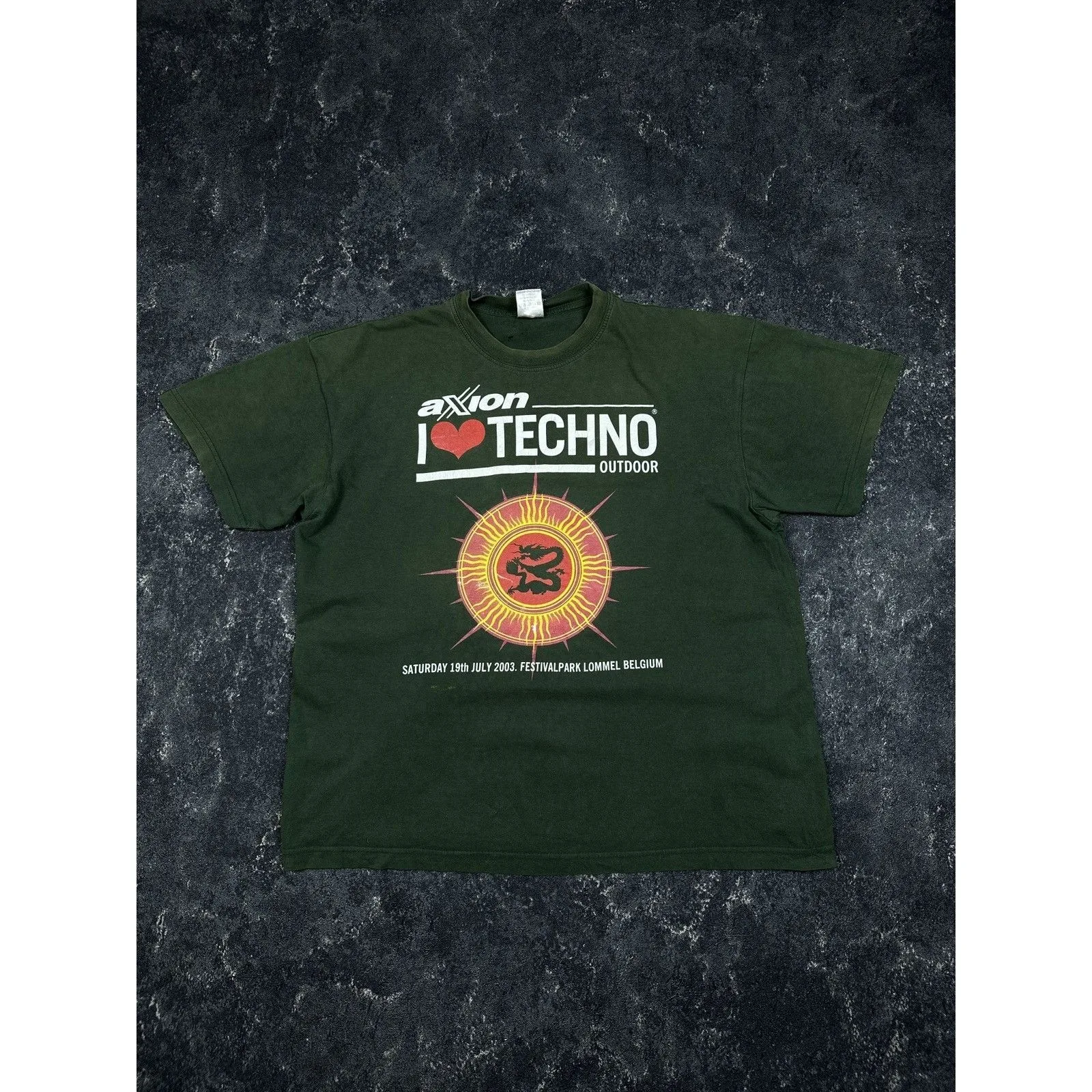 Vintage 2003 Axion "I Love Techno" Festival Rave Hardcore T-Shirtrare 2003 Axion