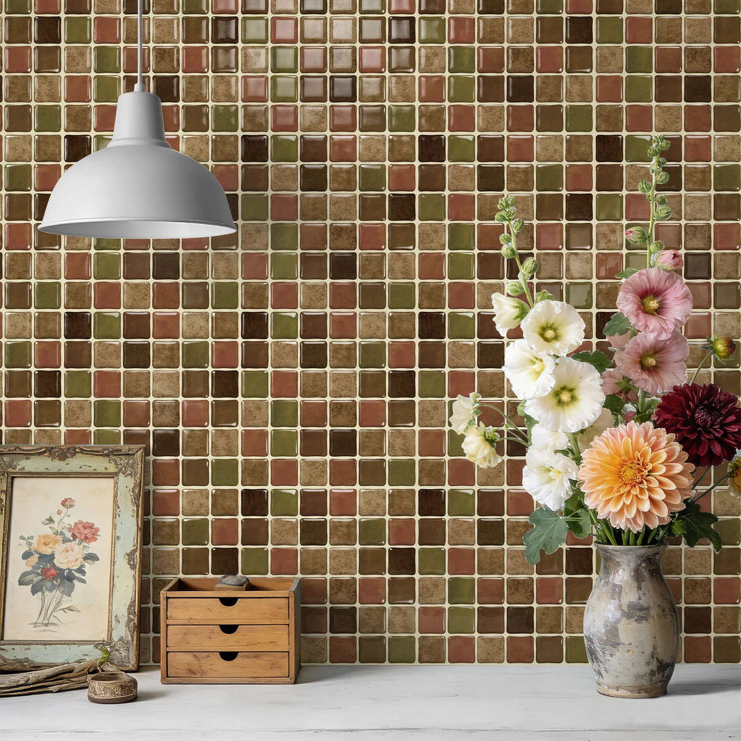20pcs 3D PVC multi-color glossy square mosaic wall stickers, 15.25*15.25cm