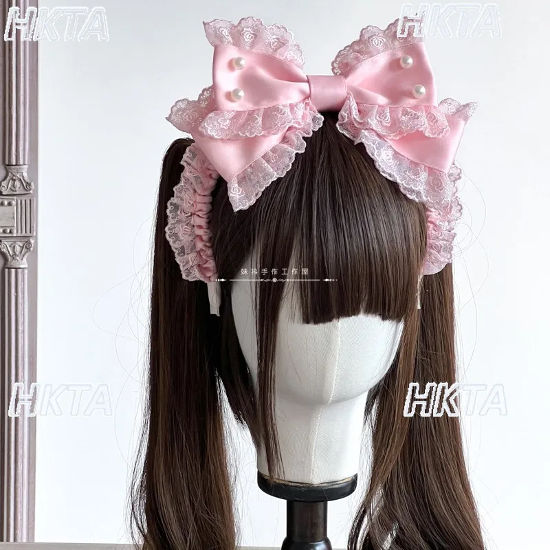 

Sweet lace stitching Lolita handmade lace headband bow kc headgear women kawaii pearl gorgeous cosplay hair accessories female
