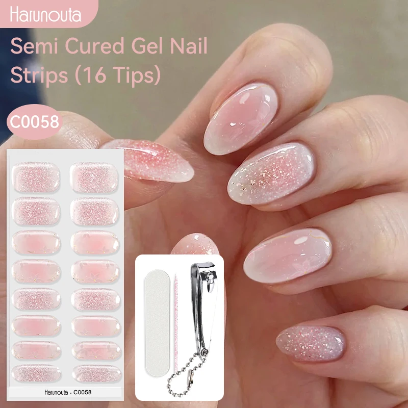 Harunouta 16 bandes de gel semi-durcies pour ongles avec kit de coupe-ongles, autocollantes, pailletées, compatibles UV/LED