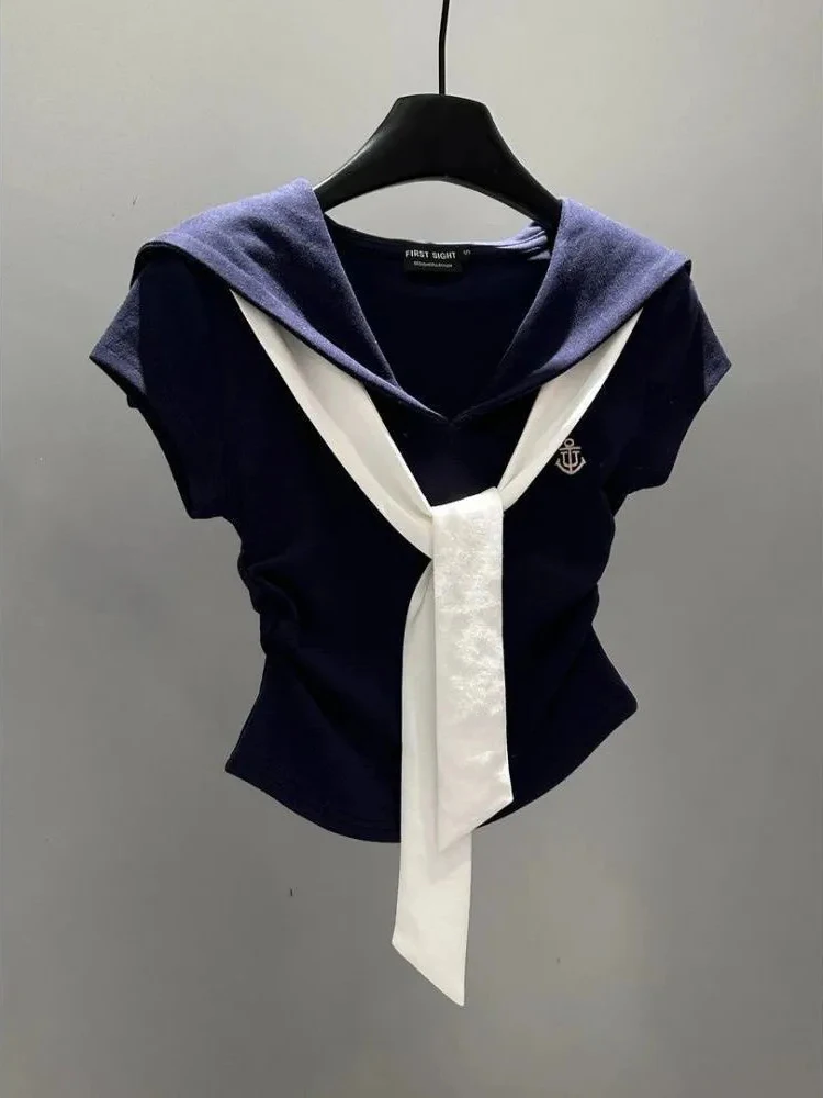 الكورية Preppy نمط المرقعة تي شيرت المرأة الصيف موضة بحار طوق ضمادة سليم تيز أنيقة عادية تونك سيدة بلايز جديد #1