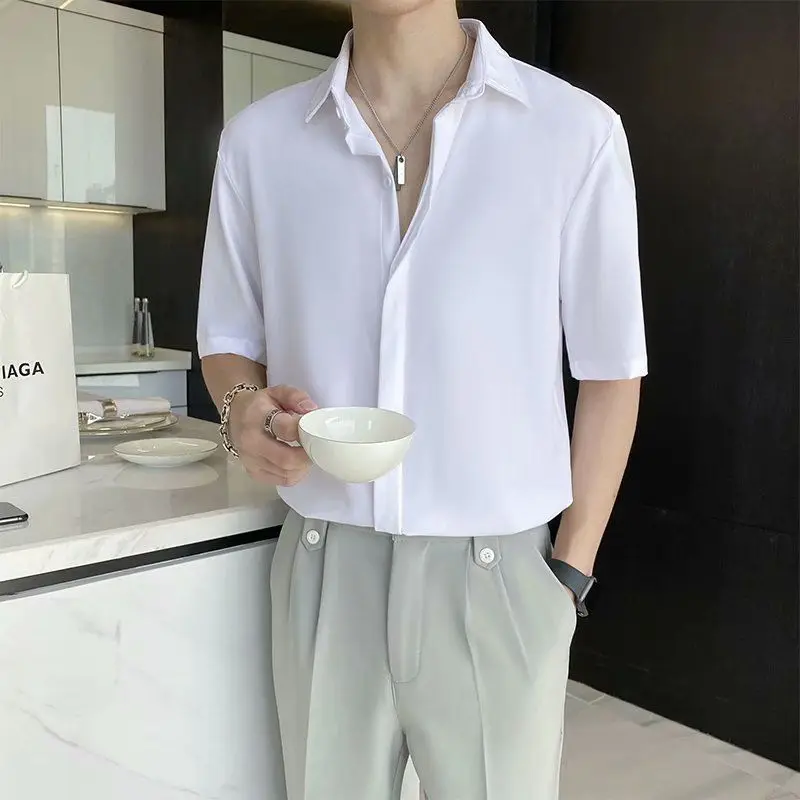 Men's Short-sleeved Korean Style Trendy Slim and Handsome Five-point Sleeve Casual Shirt Mid-sleeved Inch Shirt