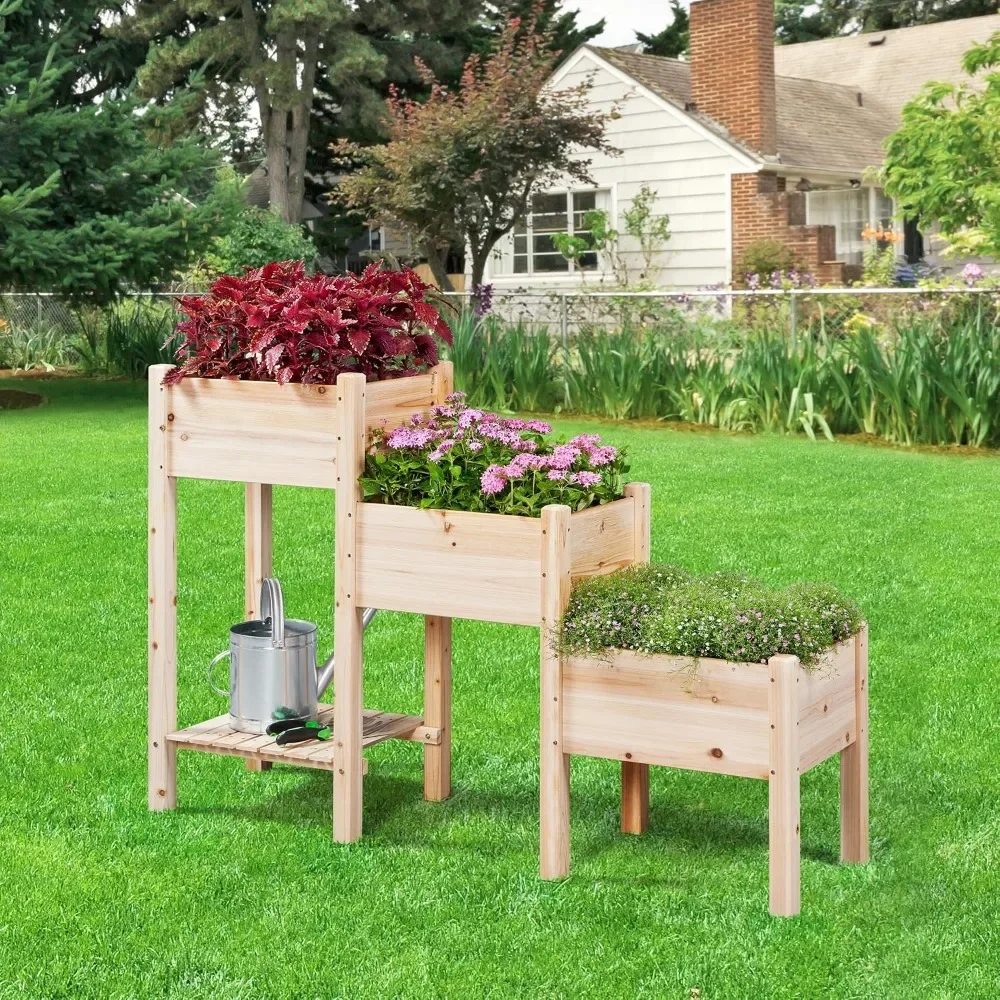 1pc Vertical Garden Planter 3-Tier Fir Wood Raised Garden Bed for Plants, Vegetables, Outdoor Gardening Elevated Raised Planter