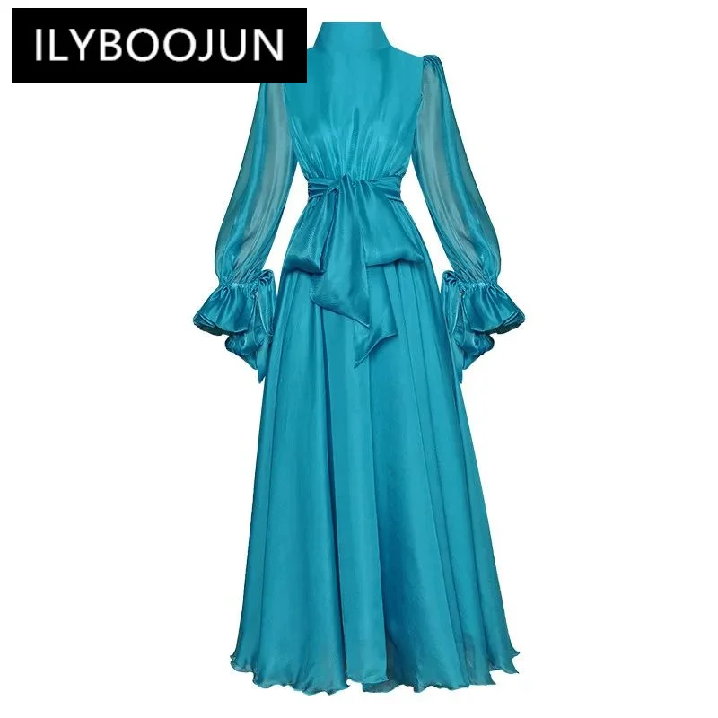 

ILYBOOJUN Fashion Runway dress Winter Women Dress Stand Collar Lantern sleeve Belted Vacation Party Elegant Dresses