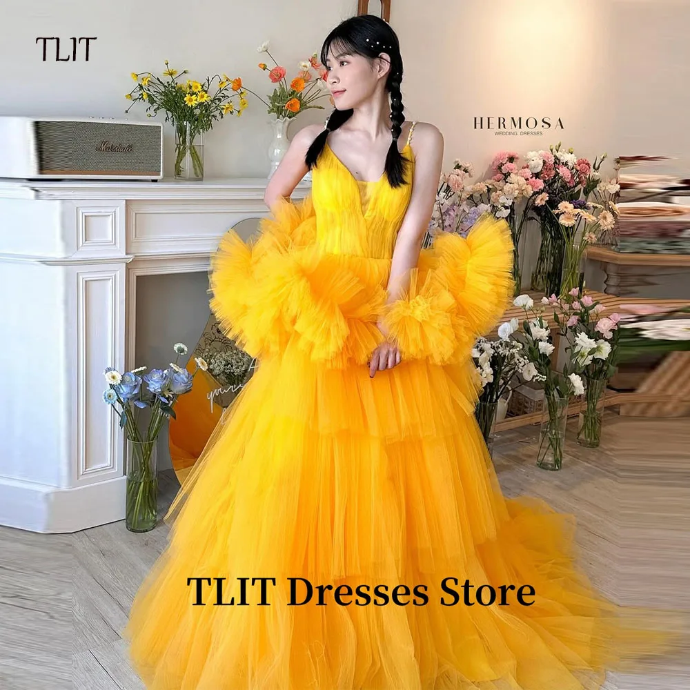 

TLIT Princess Bright Yellow Tulle Evening Dresses Tiered Sweetheart Straps Prom Gowns Birthday Formal Party Wedding Photo shoot