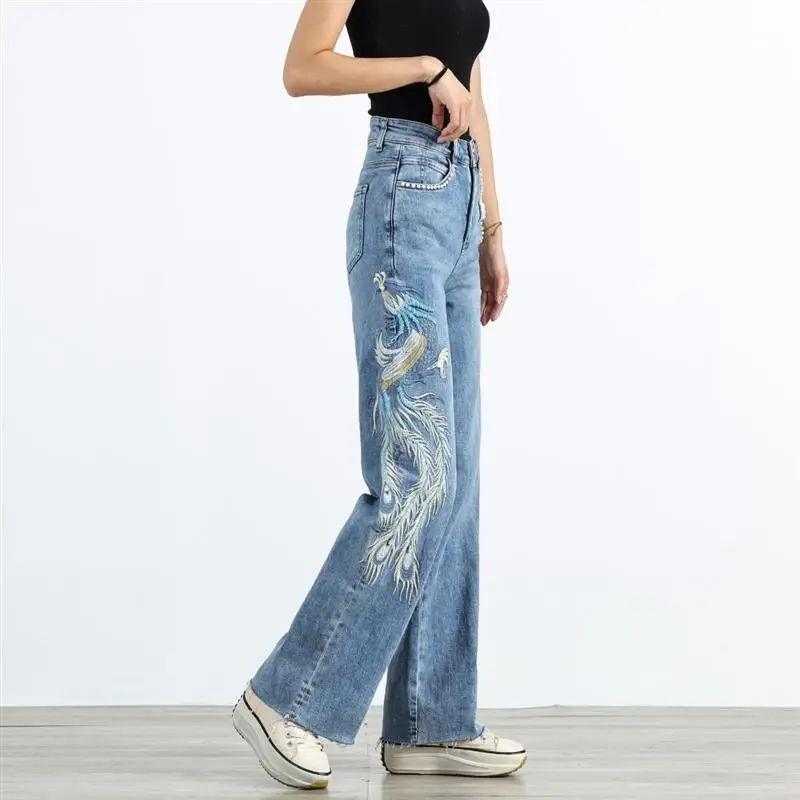 

Embroidered Wide Leg Pants Jeans for Women with High Waist Drop in Autumn and Winter New Long Pants with Straight Tube Loose