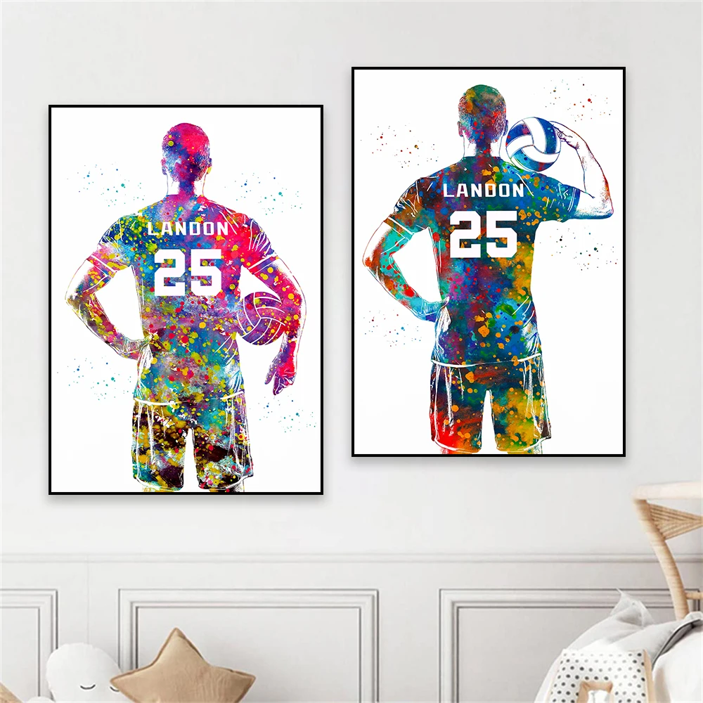 

Personalized Art Custom Name and Number Poster Volleyball Player Cartoon Prints Custom Sport Watercolor Canvas Painting Gifts