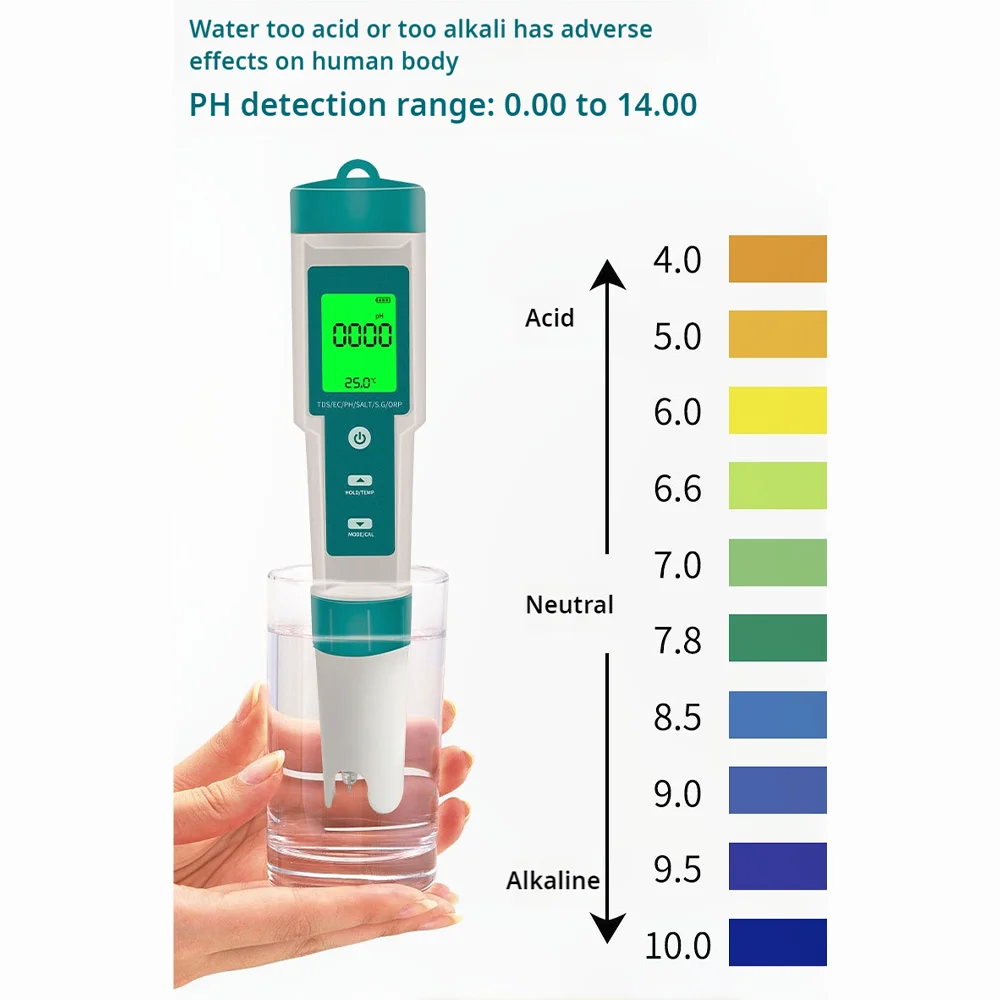 8 in 1 Water Quality Test Pen Temp/PH/TDS/EC/Salinity/SG/ORP/H2 PH Meter Drinking Water Quality Monitor