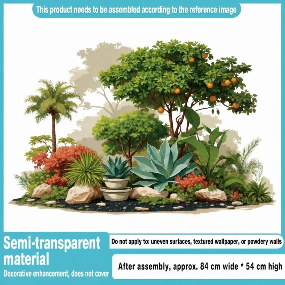 84×54cm Home Decor Wall Decal Lotus Waterfall Bamboo Pattern Self-adhesive Plant Wall Sticker PVC Greenery Mural Decal
