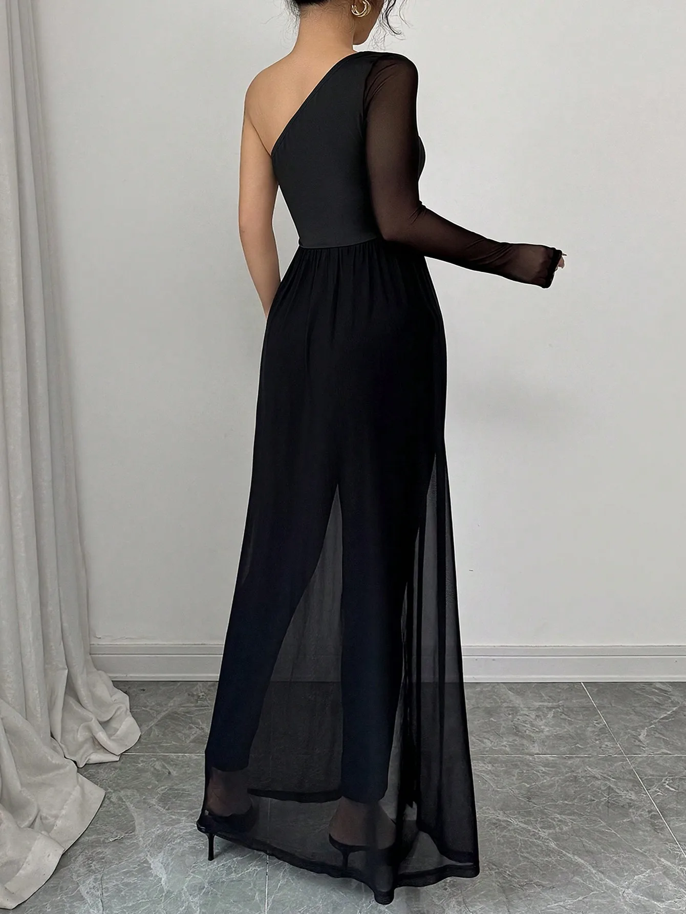 Nice One-shoulder Asymmetric Shoulder Mesh Splicing Casual Women's Black Jumpsuits Elegant Party Jumpsuits