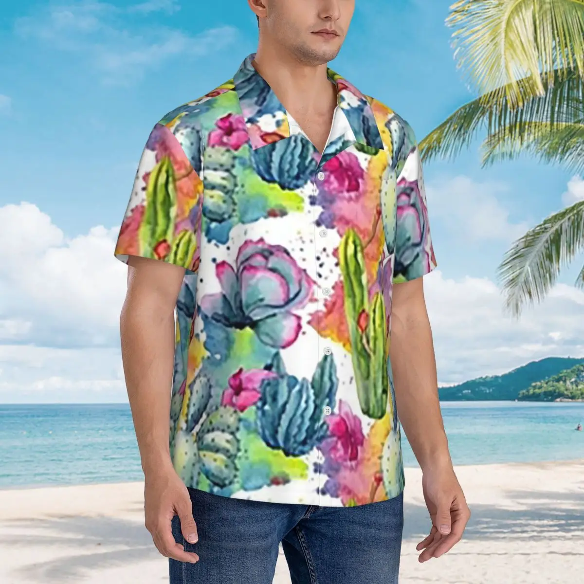 

Exotic Wildflower Cactus Pattern Watercolor Style Stylish Hawaiian Shirts Funny Men Short Sleeve Shirt Beach Men's Lapel Tops