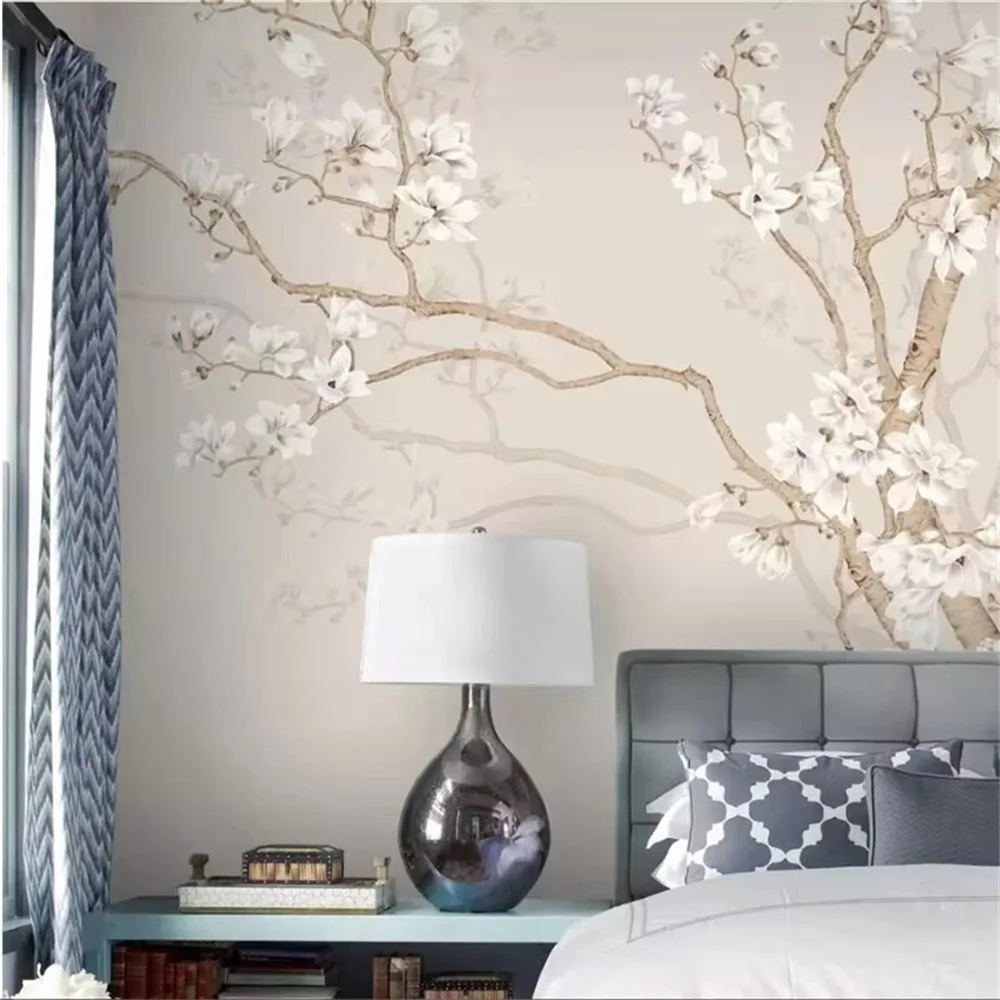 خلفية مخصصة ثلاثية الأبعاد صورة جدارية كبيرة عادي ماغنوليا الصينية رسمت باليد الطيور تلفزيون حائط الخلفية اللوحة خلفيات ديكور المنزل