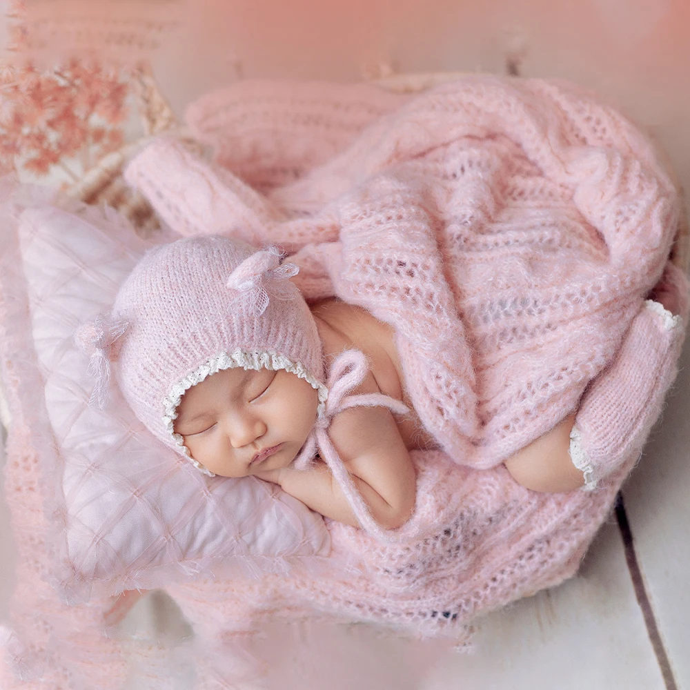 طفل التصوير الدعائم عدة لطيف الوردي محبوك بذلة قبعة الساق الجوارب مجموعة الدانتيل وسادة زهرة اصطناعية استوديو صور تزيين الدعامة #6