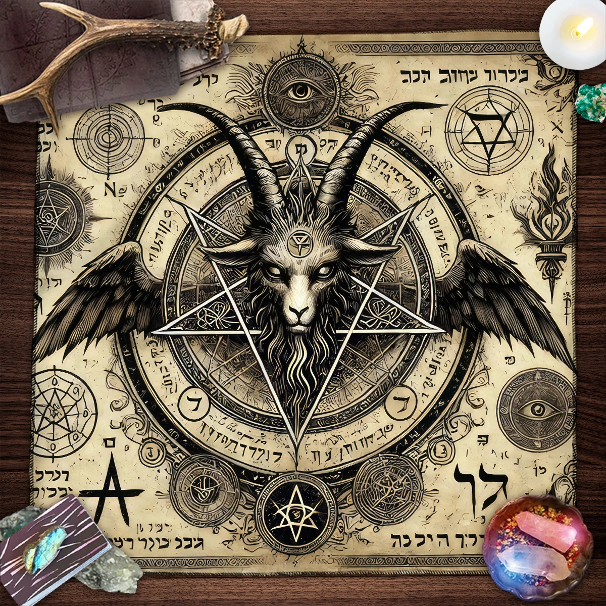 Retro Baphomet Goat Head Altar Cloth Pentagram All-seeing Eye Tarot Card Tablecloth For Mysterious Divination Cloth Tarot Mat