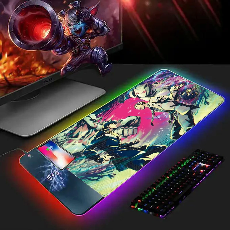 

Backlight Mousepad Anime JOJO Mouse Pad Gaming Setup Accessories Rgb Desk Mat Gamer 15W Led Wireless Charging Mouse Mat Pc Table