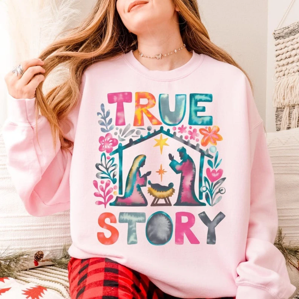 عيد الميلاد قصة حقيقية التصميم الإبداعي قمم الإيمان على أساس عيد الميلاد البلوز المرأة المسيحية عيد الميلاد السترة الملابس الدينية