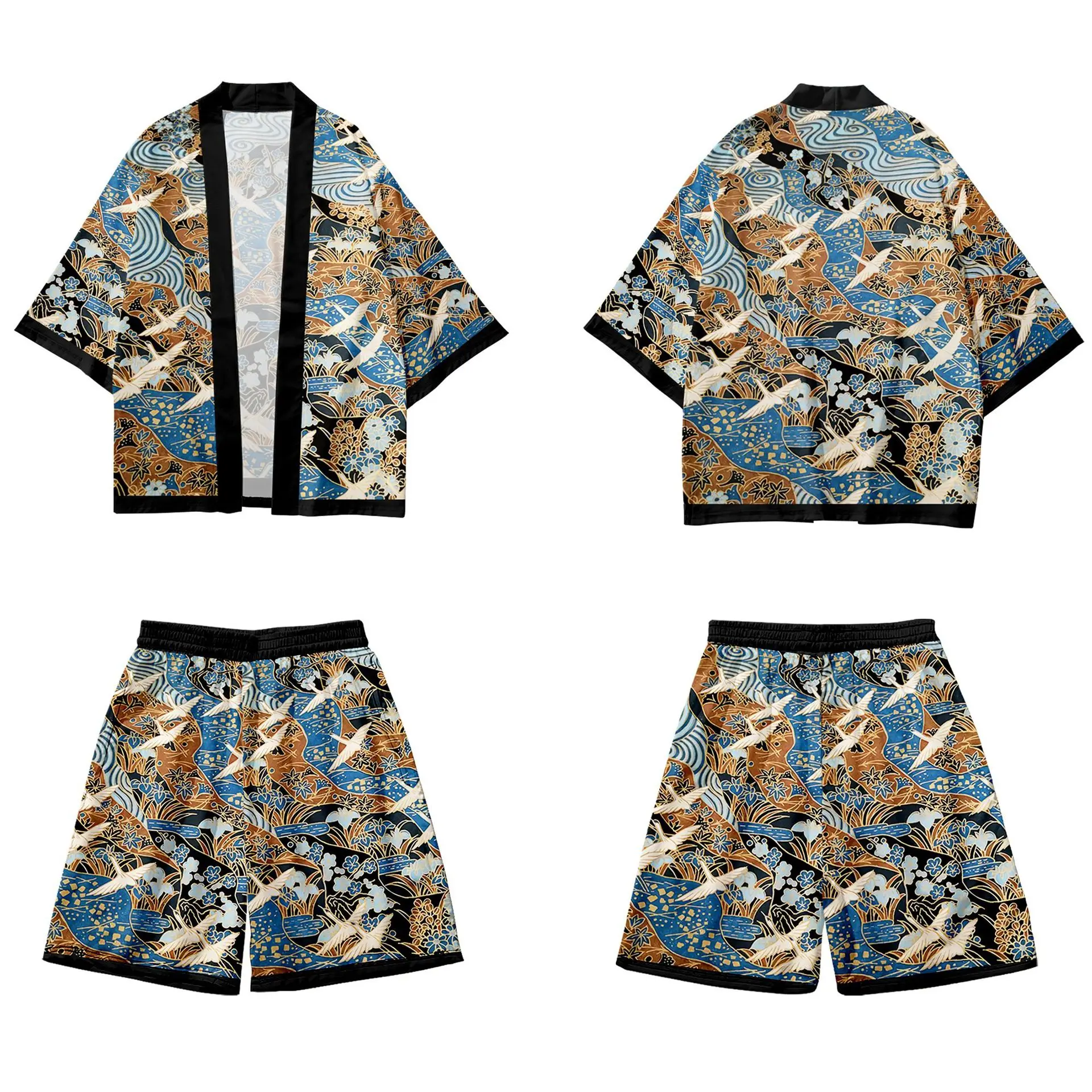 

Crane Print Yukata Harajuku Kimono Shorts Sets Summer Two-piece Suit Fashion Japanese Cardigan Women Men Cosplay Asian Clothing