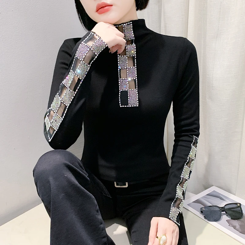 2025 Spring New Korean Half High Collar Women T shirt Sexy Patchwork Diamonds Tops Slim Long Sleeve Balck Bottoming Shirt