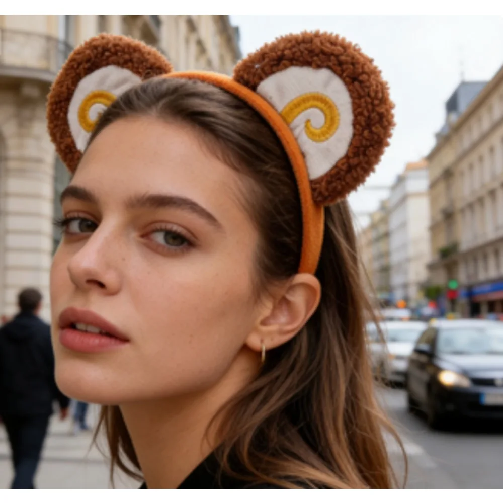 PESENAR Adorable Monkey Ear Headband with Embroidery Detail, Soft Fuzzy Monkey Ear Hair Hoop, Perfect for Halloween, Birthday Pa