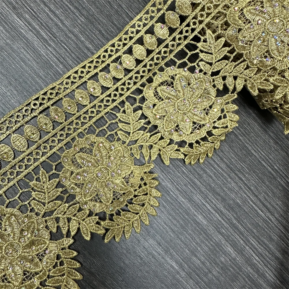 New  9.5yards Rhinestone lace trim African lace trim Metallic Embroidered Motif Lace  Wide 12CM