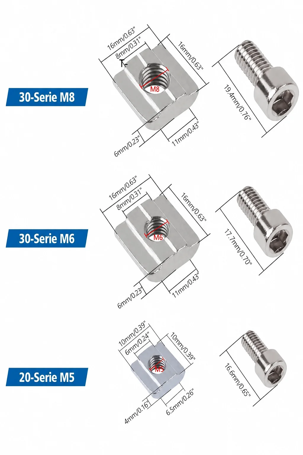 GOSUNDA 20PCS T-Slot Rail and Bolts, 304 Stainless Steel, M3/M4/M5/M6/M8-B Slot - T-Slot Slide Nut. For Aluminum Profiles - Slot