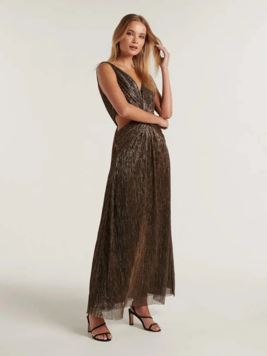 Ele iny Gold Tead Deep V Hollow Abend Dr. Langer Rock 2024, neuer Stil, luxuriöse Polyesterfaser, Damen Dr